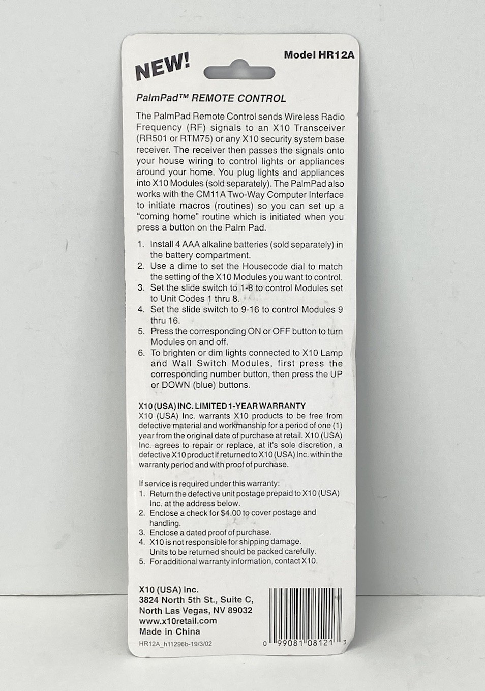 X-10 Powerhouse Home Automation Remote Control Palm Pad Wireless Model HR12A