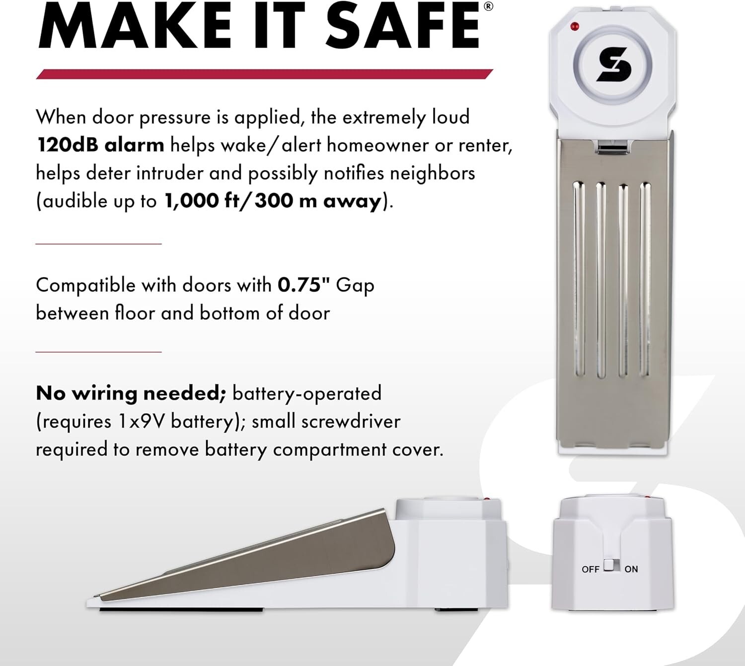 SABRE Wedge Door Stop Security Alarm with 120 dB Siren – Home + Travel Security