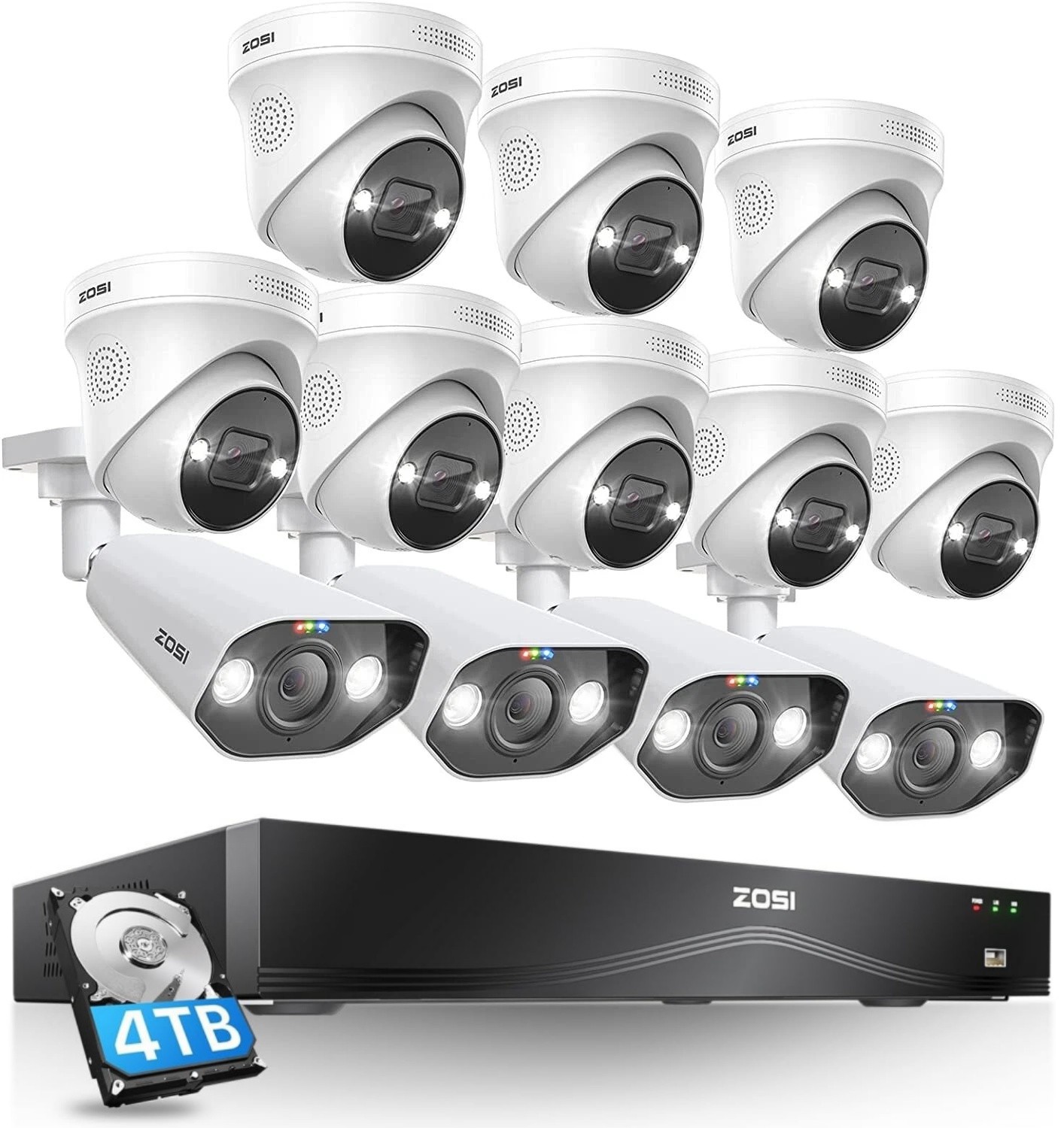 ZOSI 16CH 4K 8MP POE Security Camera System NVR 4TB Audio AI Car Detect H.265+