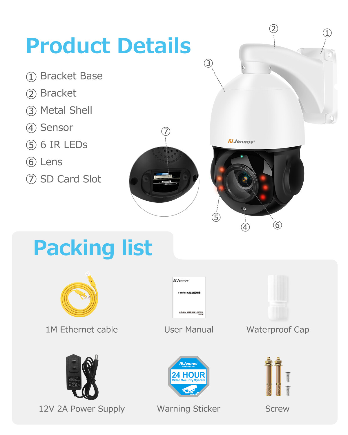 Jennov 8MP PoE IP Camera Outdoor with PTZ 20X Optical Zoom 328ft IR Night Vision