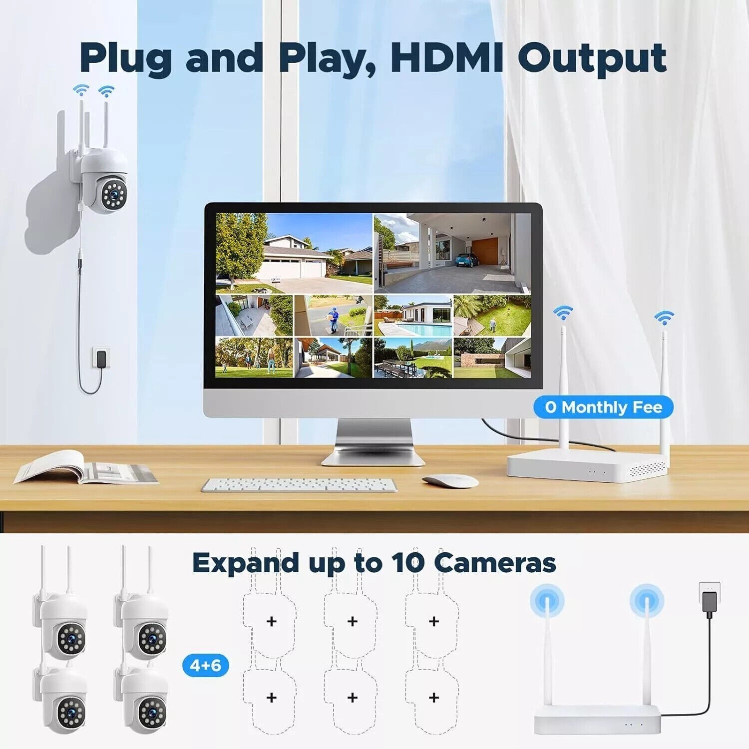 2MP Wireless Security Camera System Outdoor 360° PT 10CH H.265 CCTV Wifi NVR Kit