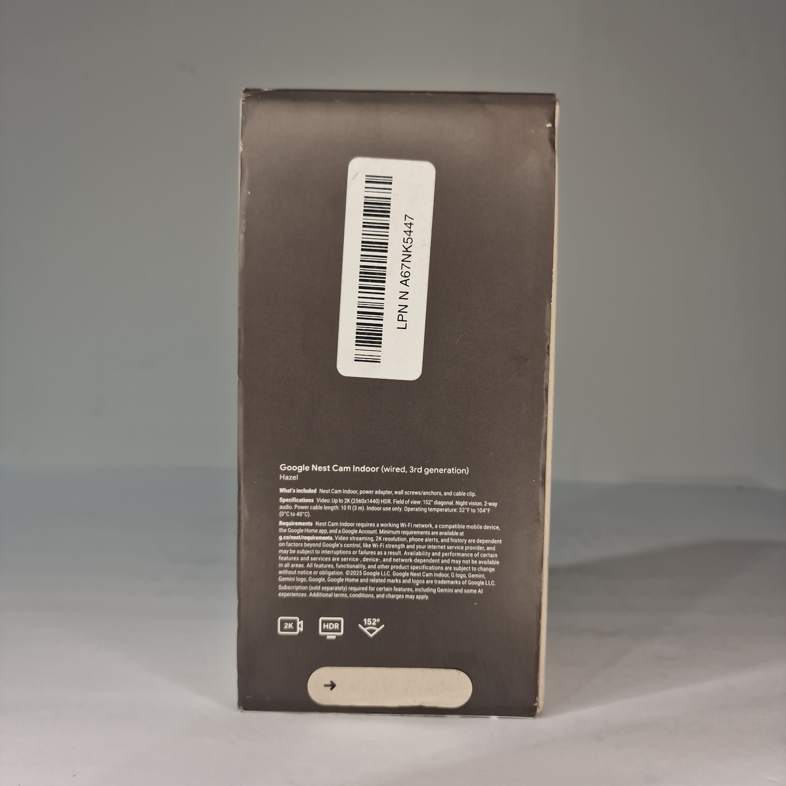 Google Nest Cam 2K Indoor Wired 3rd Gen Security Camera Hazel GA09975-US