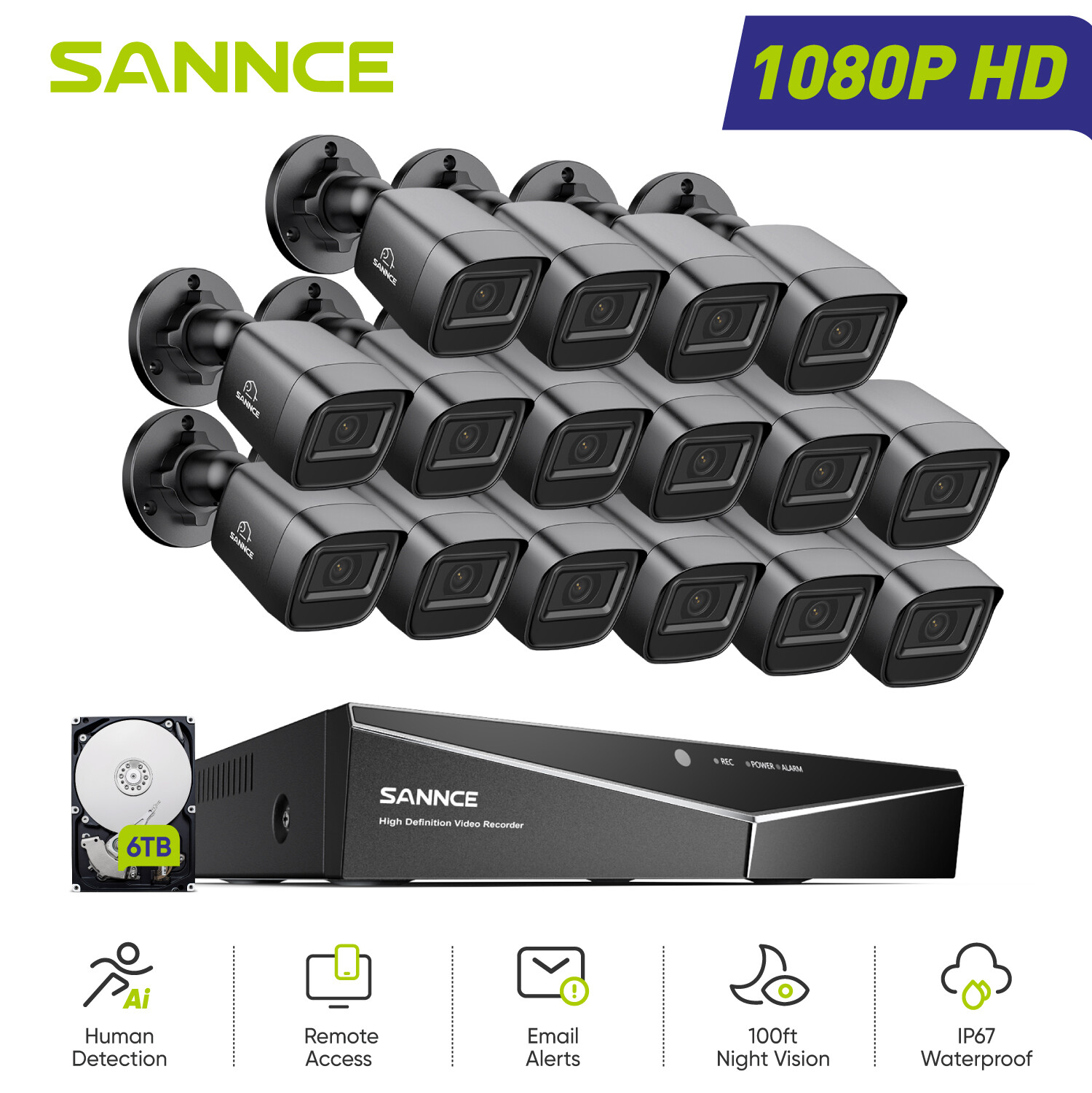SANNCE 16CH DVR 1080P Video Outdoor CCTV Security Camera System Human Detection