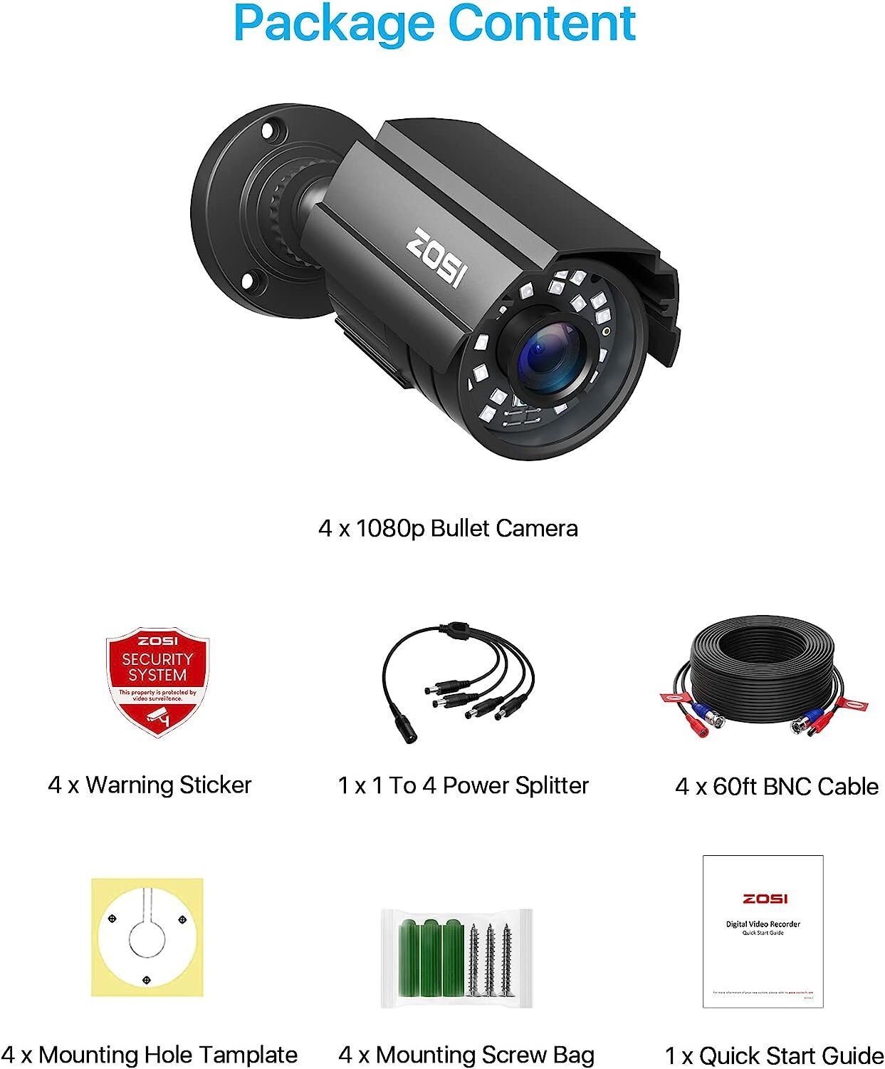 ZOSI Used 4PK 1080P TVI Day Night 24 IR Leds Outdoor CCTV Bullet Security Camera