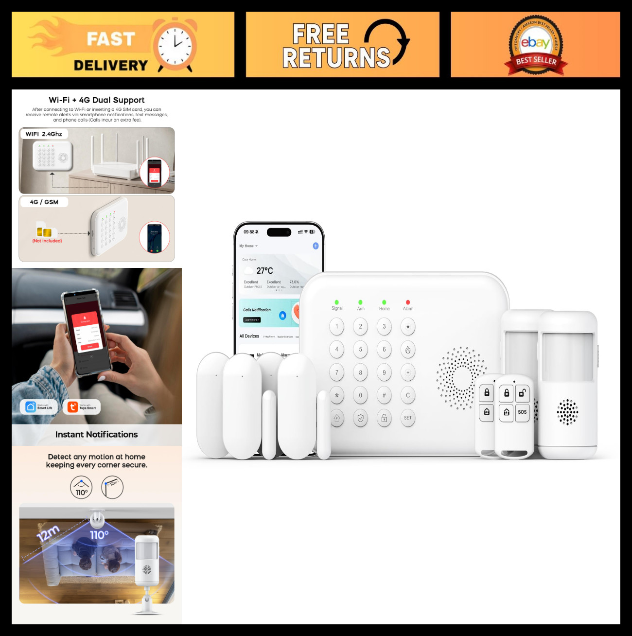 Wireless Home Security Alarm System – WiFi Remote Control, Motion Detection, Doo