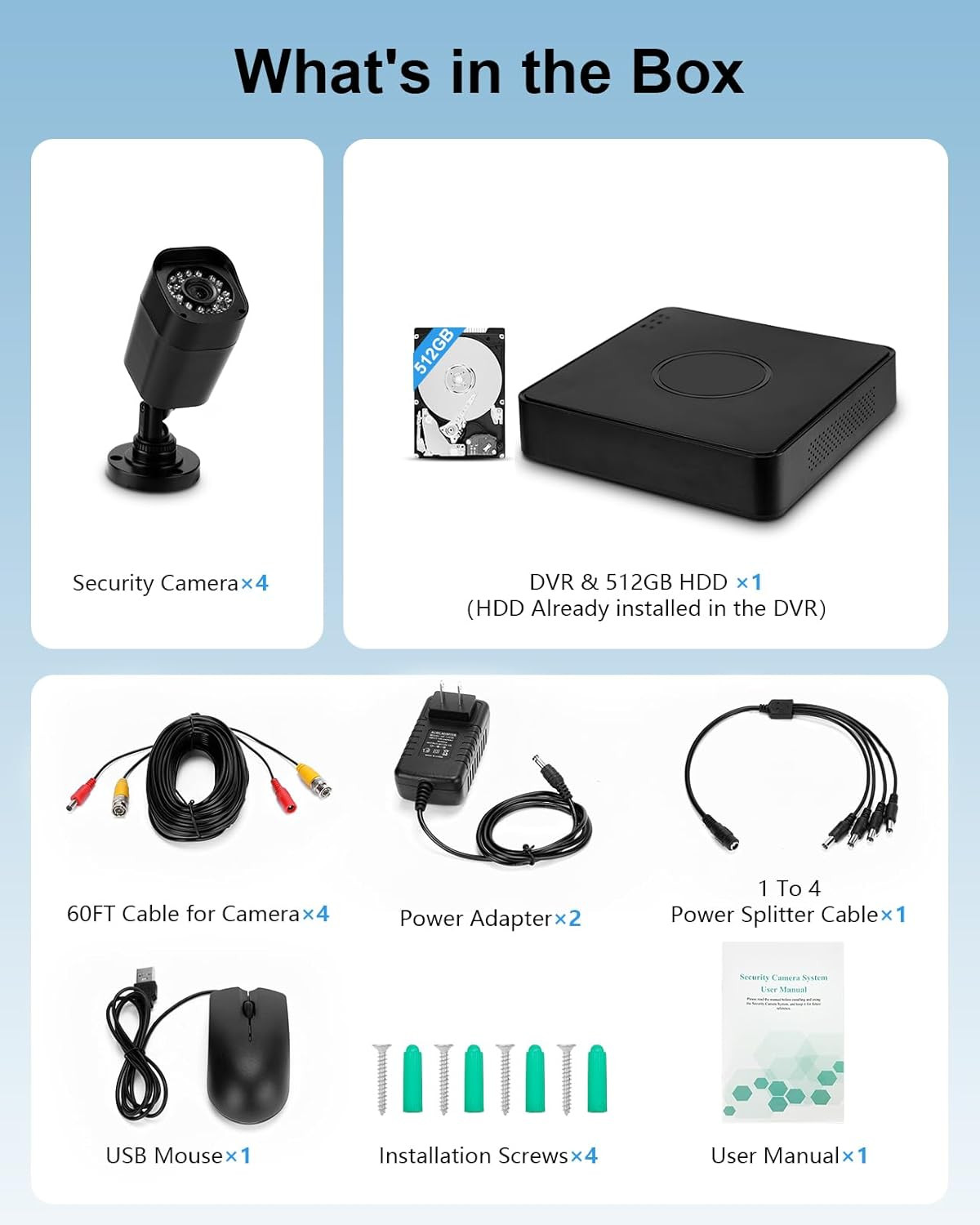 4CH 1080P Wired Security Camera System, CCTV DVR with 512GB Hard Drive, 4 X Hom