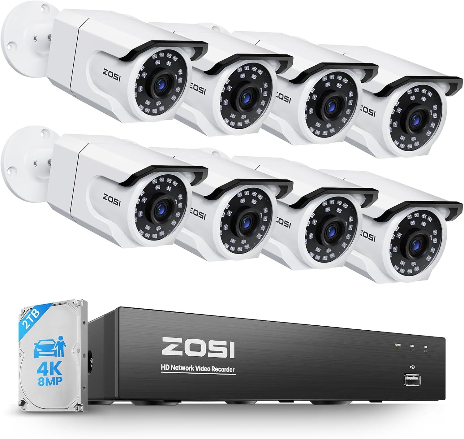 ZOSI 8CH 4K 8MP PoE Security Camera System 100Ft Night Vision 1Way Audio 2TB HDD