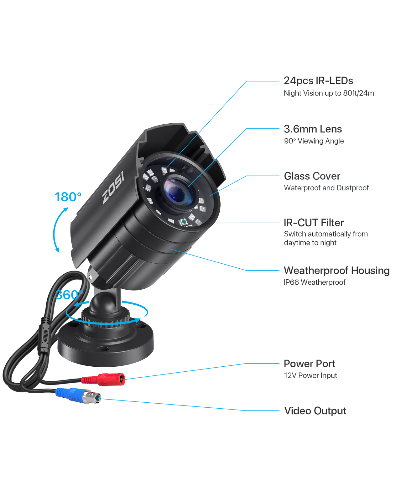 ZOSI 4PK 2MP 1080P HD Home TVI Security Camera CCTV Outdoor IR Light Add-on IP66