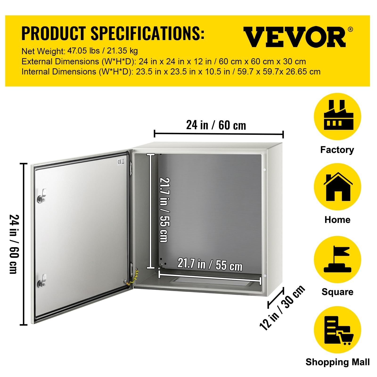 VEVOR NEMA Steel Enclosure, 24 x 24 x 12” 4X 24 x 24 x 12, Grey