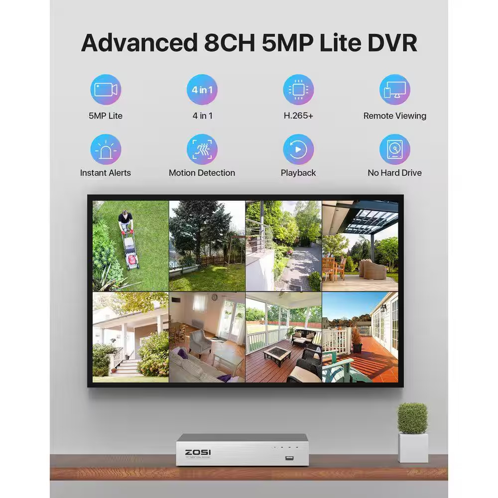 8-Channel H.265+ 2MP DVR Home Security Camera System with 4 1080P Wired Outdoor