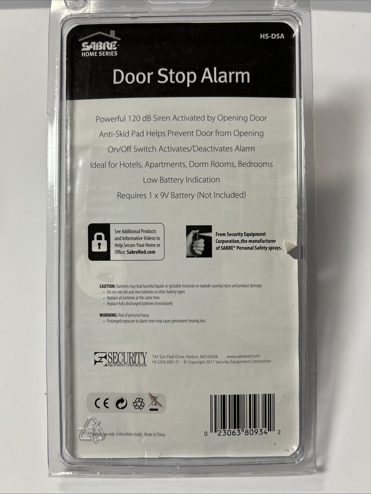 SABRE Door Stop Security Alarm / 120 dB Siren / Home Travel Dorm Apts HS-DSA New