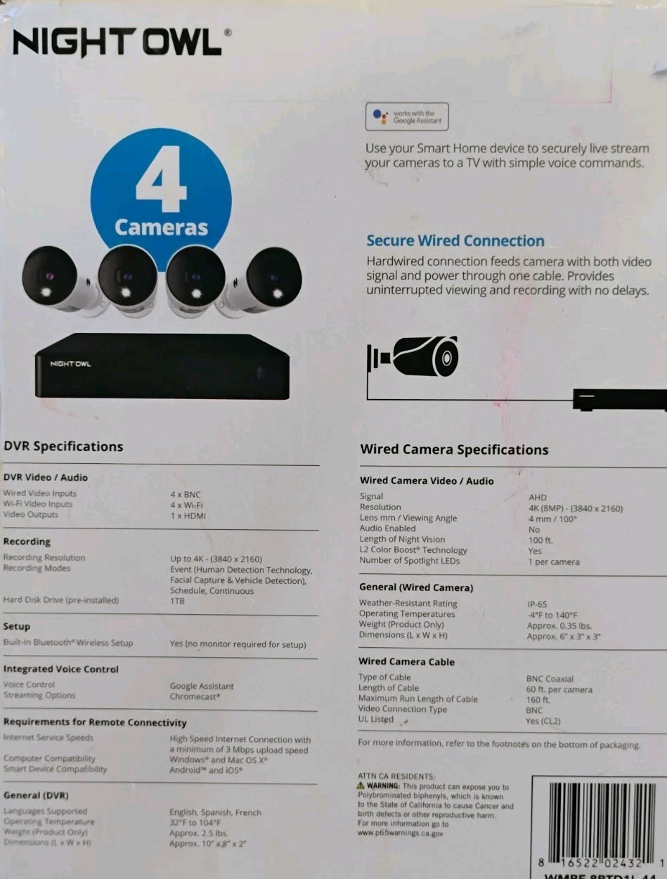Night Owl UHD 1TB HDD 8 Channel Bluetooth Camera System – White (WM-BTD881-4LSA)