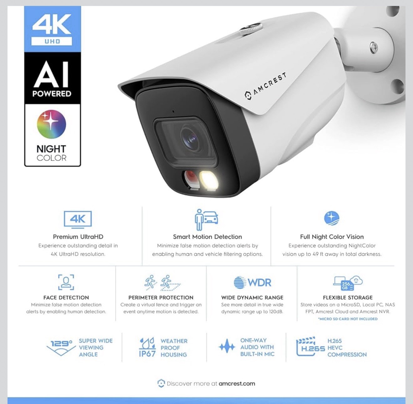 Amcrest IP8M-2796EW-AI 4K PoE Bullet Camera AI NightColor Weatherproof