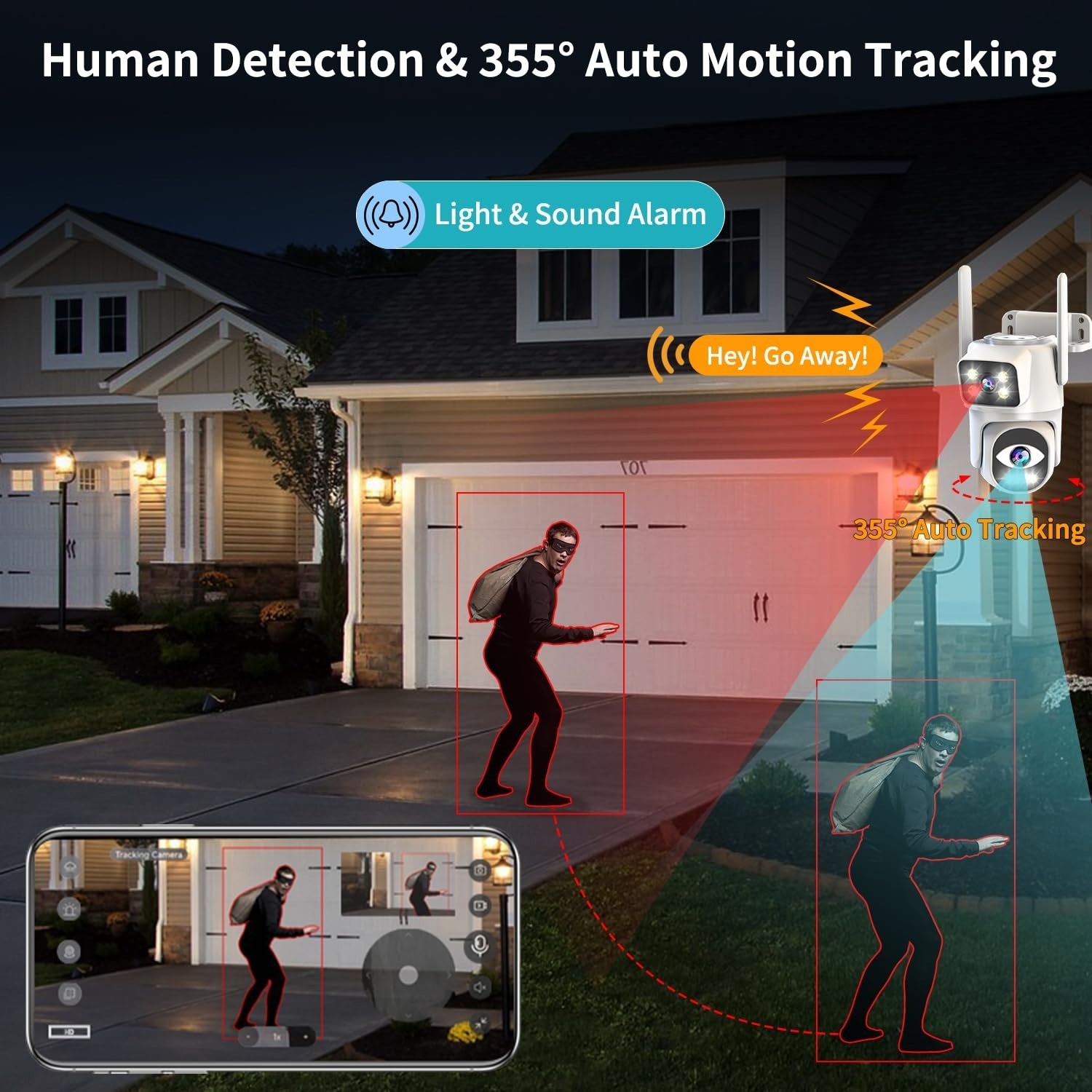 Outdoor Security Camera WiFi PTZ Dual Lens 2K Night Vision Auto Tracking