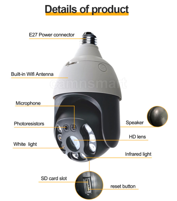 3MP Bulb IP Camera Wifi PTZ Waterproof Digital Zoom For Indoor Or Outdoor Use
