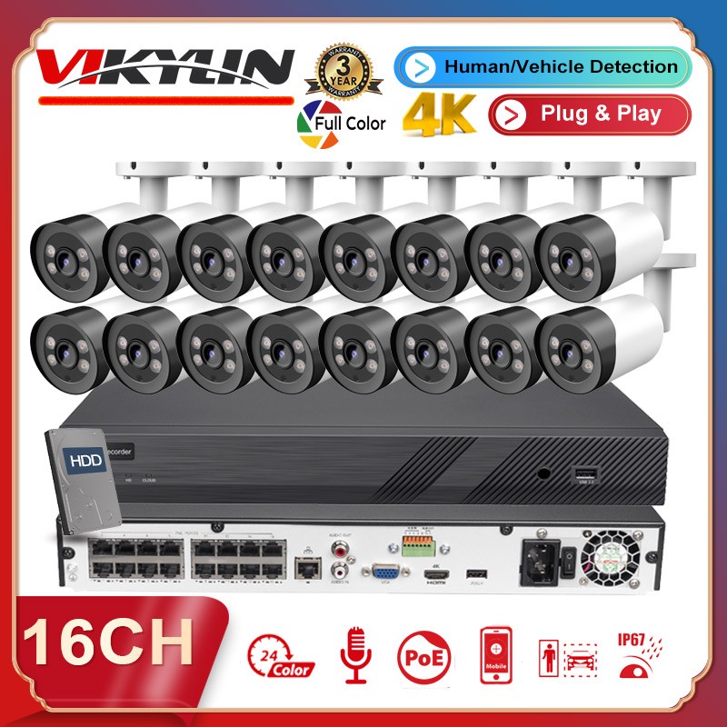 Vikylin 4K 16CH 16POE NVR CCTV System 8MP IP Camera Full Color Audio Outdoor Lot