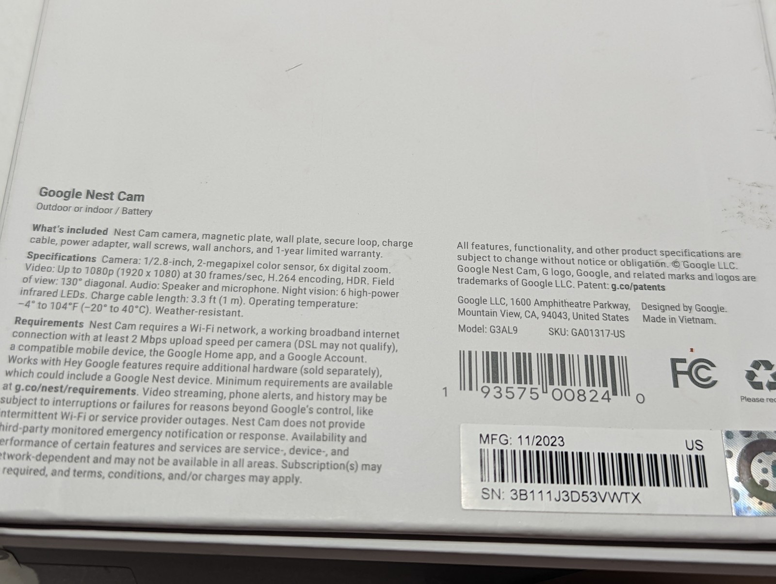 Google Nest Cam G3AL9 Indoor/Outdoor/battery 1pack (GA01317-US) NEW