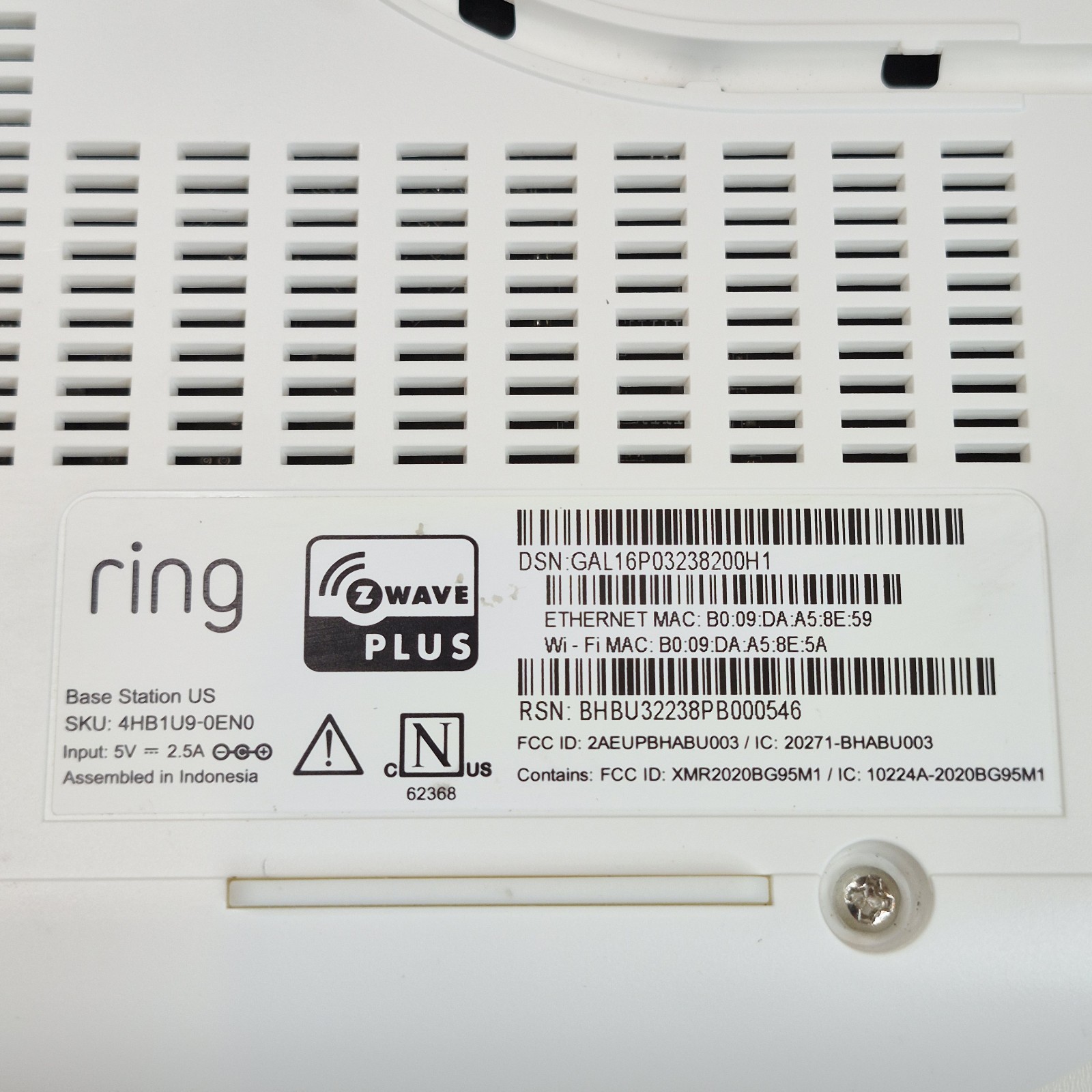 Ring Alarm Base Station 4HB1U9-0EN0 White Gen 2 Reset Tested w/ OEM AC Adapter