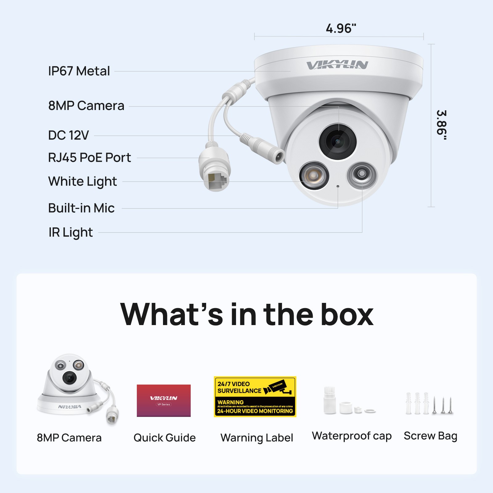Vikylin 4K 16CH 16POE NVR CCTV System 8MP Camera Outdoor Full Color+IR Audio Lot