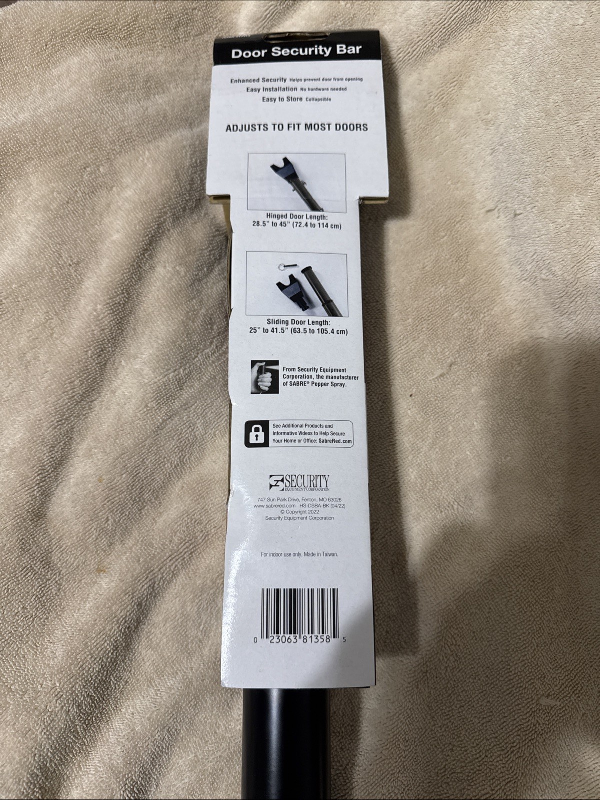 SABRE Adjustable 2-in-1 Door Security Bar, Doorstop Bar Secures Onto Doorknob