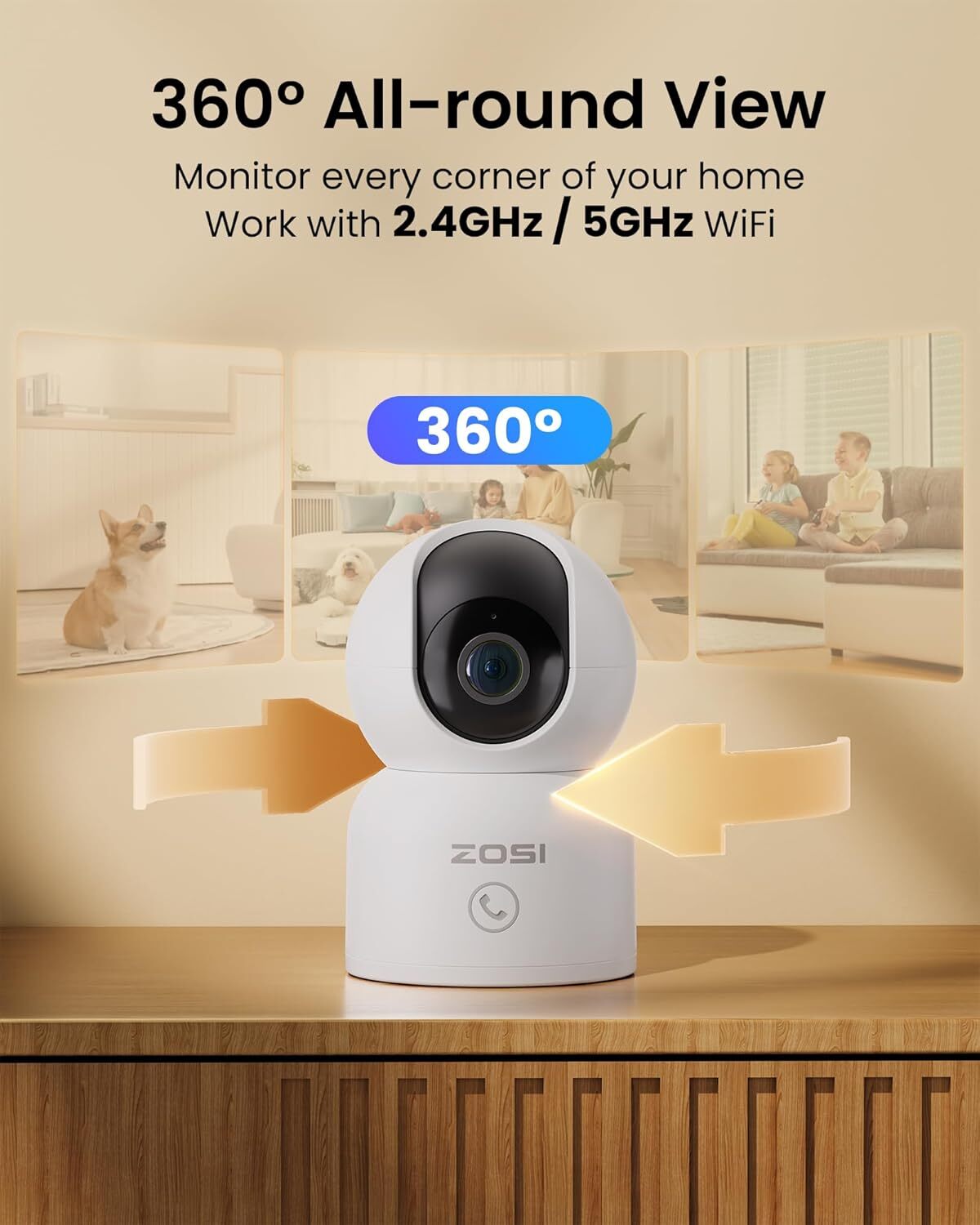 ZOSI 2K 3MP 360° Pan/Tilt Indoor WiFi Security Surveillance IP Camera 2.4/5GHz
