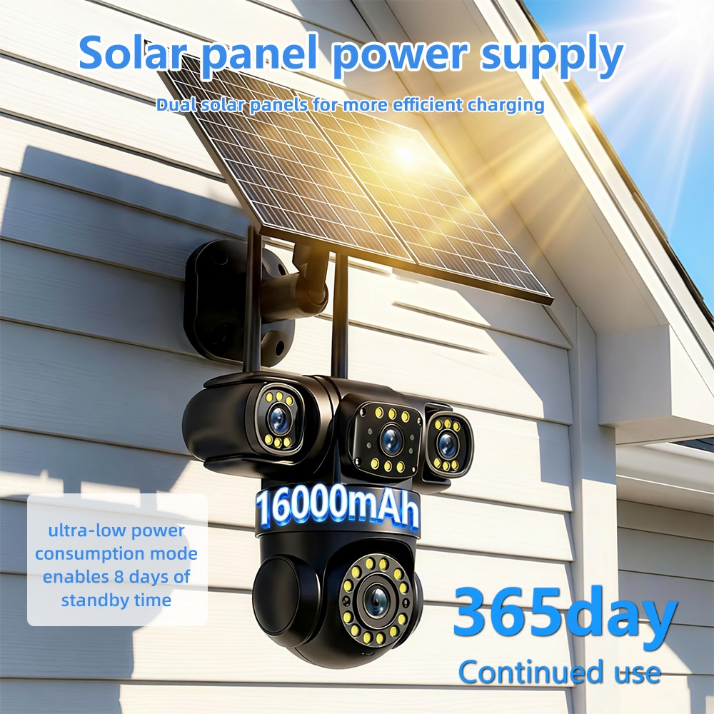 4PCS 16MP 4G SIM Solar Battery Security IP Camera Outdoor Home 4 Lens PTZ CCTV