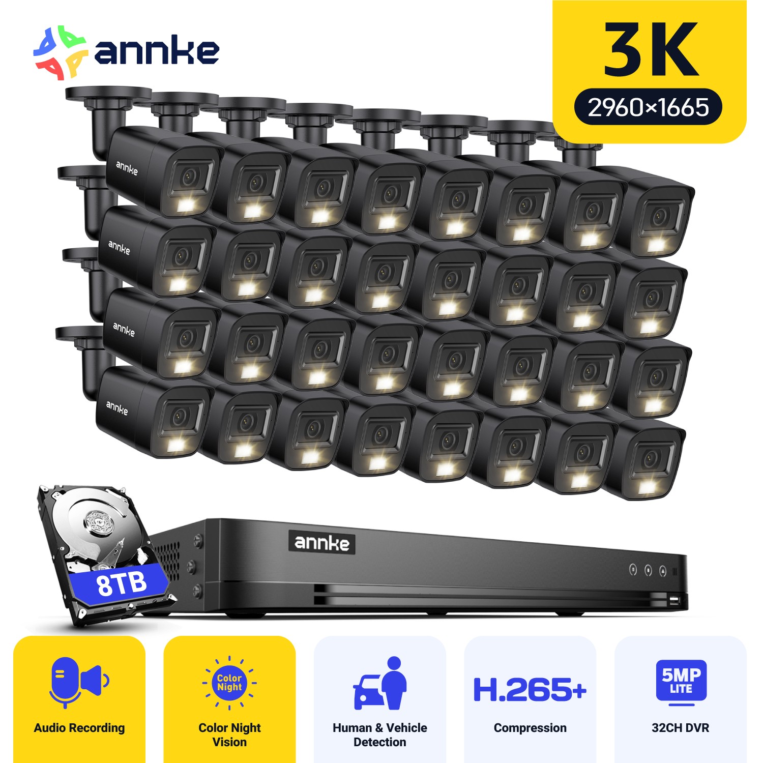 ANNKE 32CH 3K Lite DVR HD 5MP Audio Security Camera System AI Color Night Vision