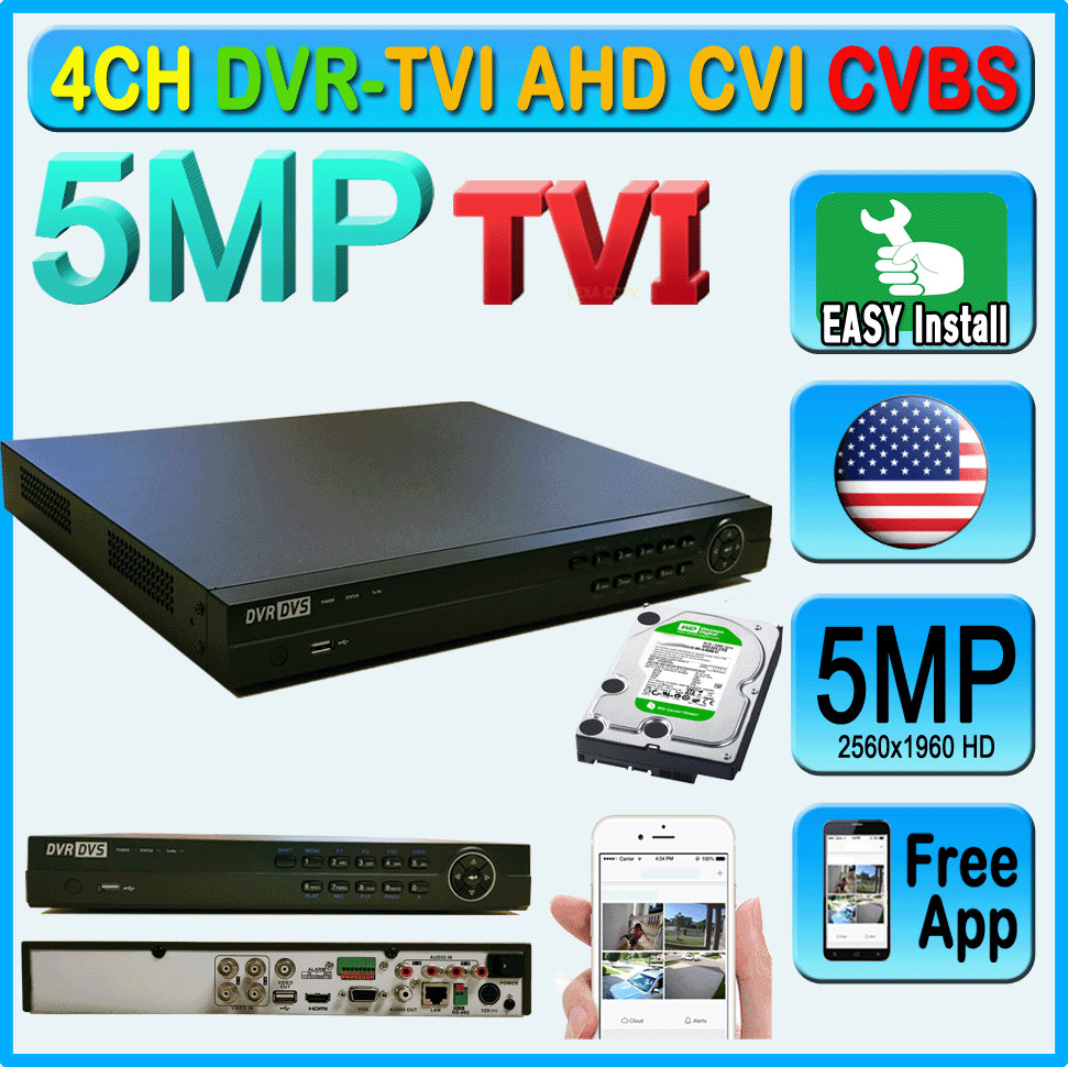 4CH TVI 5MP DVR H265 2560×1960 Record System phone remote view P2P Free App