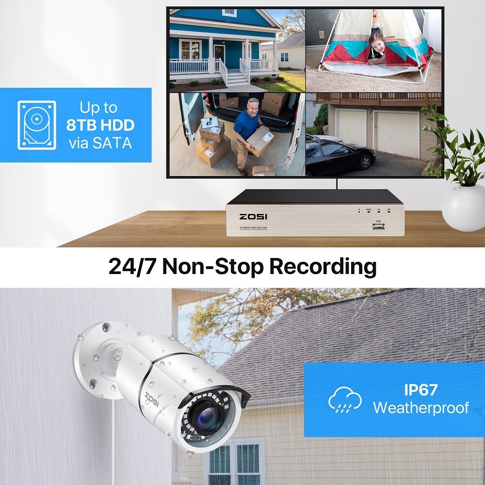 ZOSI 8CH 5MP Lite DVR 2MP 1080P CCTV Security Camera System IR Night 24/7 Alerts