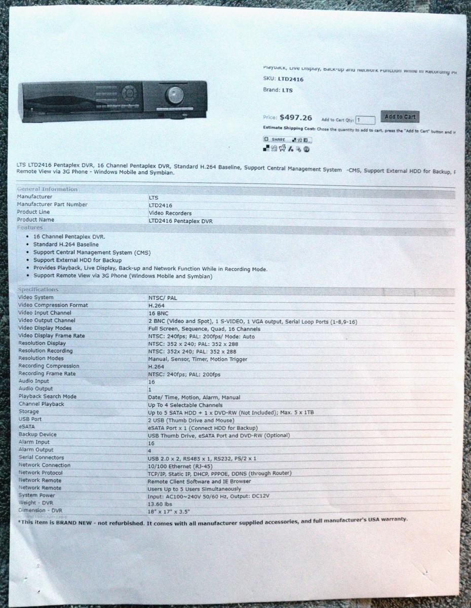 DVR LTS LTD2416 Analog 16 Channel H.264 Pentaplex w Remote Control -New Open Box