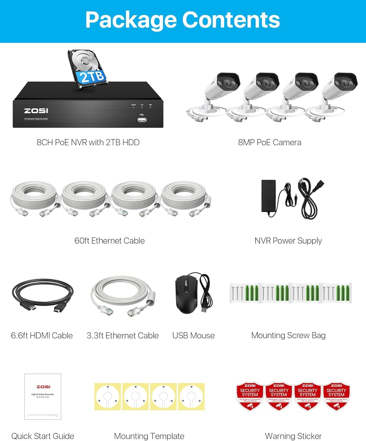 ZOSI 8CH 5MP PoE Security Camera System 4K 2TB NVR AI Vehicle Detect 2-Way Audio