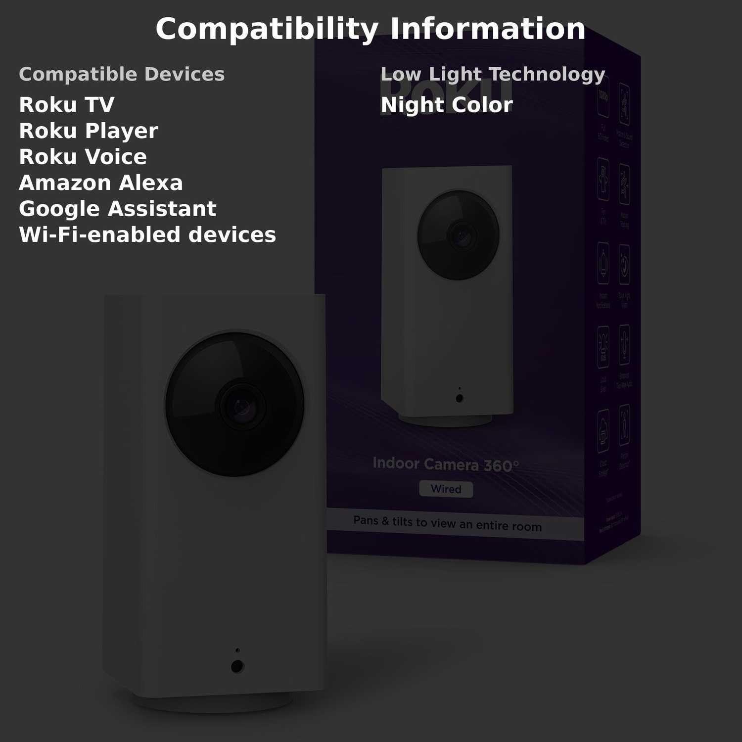 Roku Indoor Camera 360 Pan/Tilt Wired 1080p HD video & color night vision White