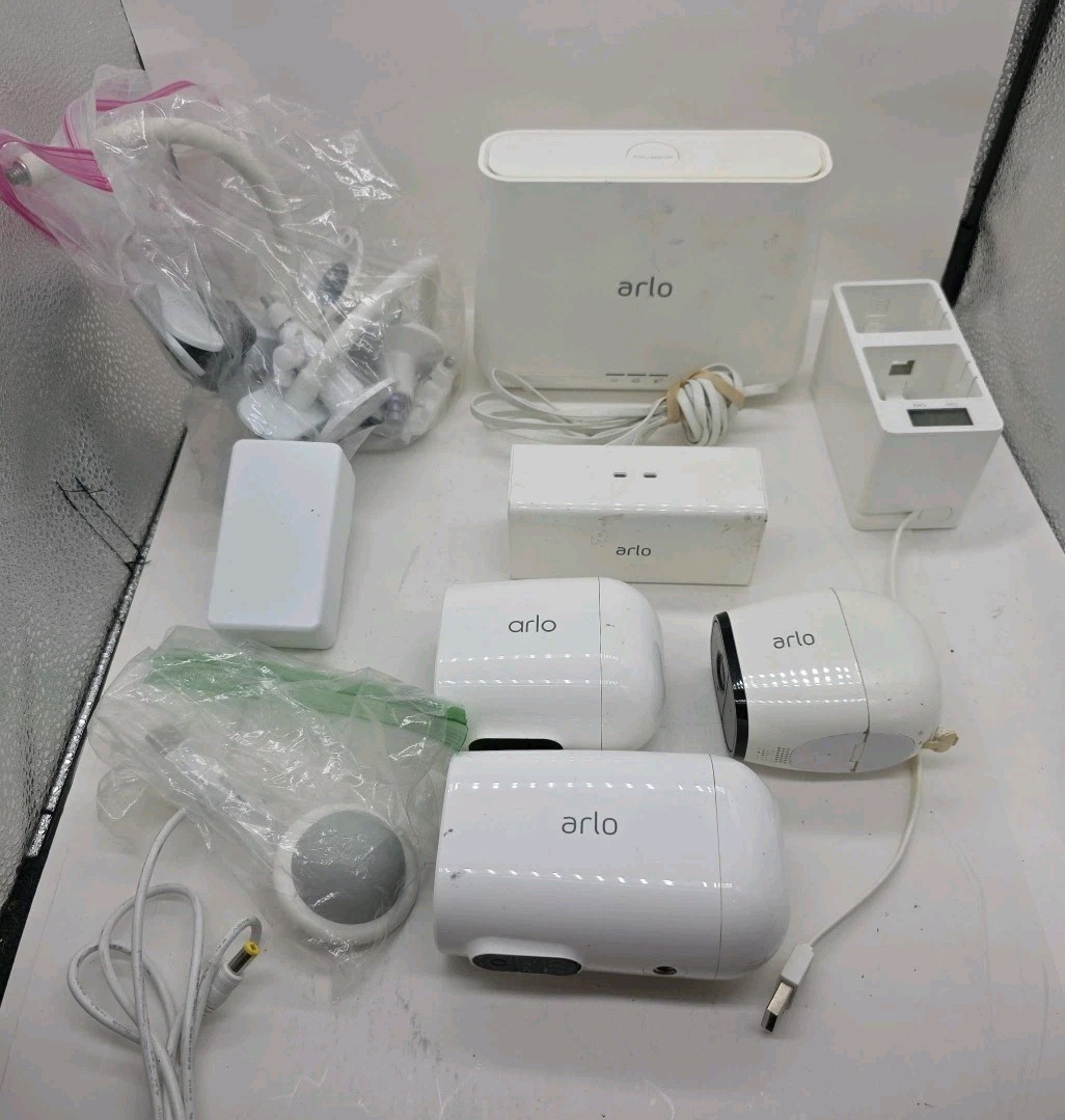 Lot Of 3 Arlo/Netgear Security Cameras /Base Station, Batteries & Charger AS IS