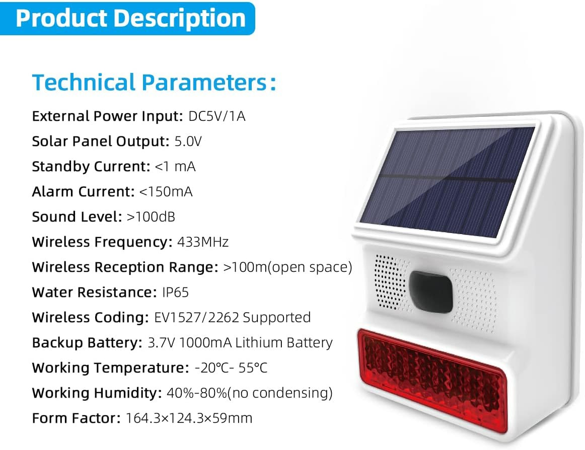 Home System Indoor/Outdoor Weather-Proof Siren, Outdoor Solar Siren with Door/Wi