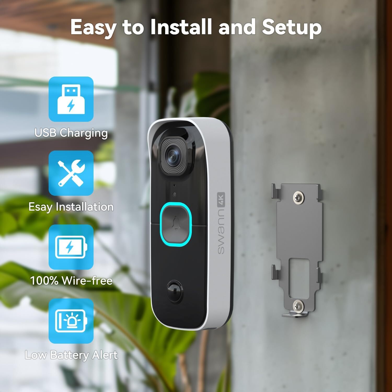 Swann Buddy4K UHD Wireless Video Doorbell & Chime Ultra-Wide 165° View Smart