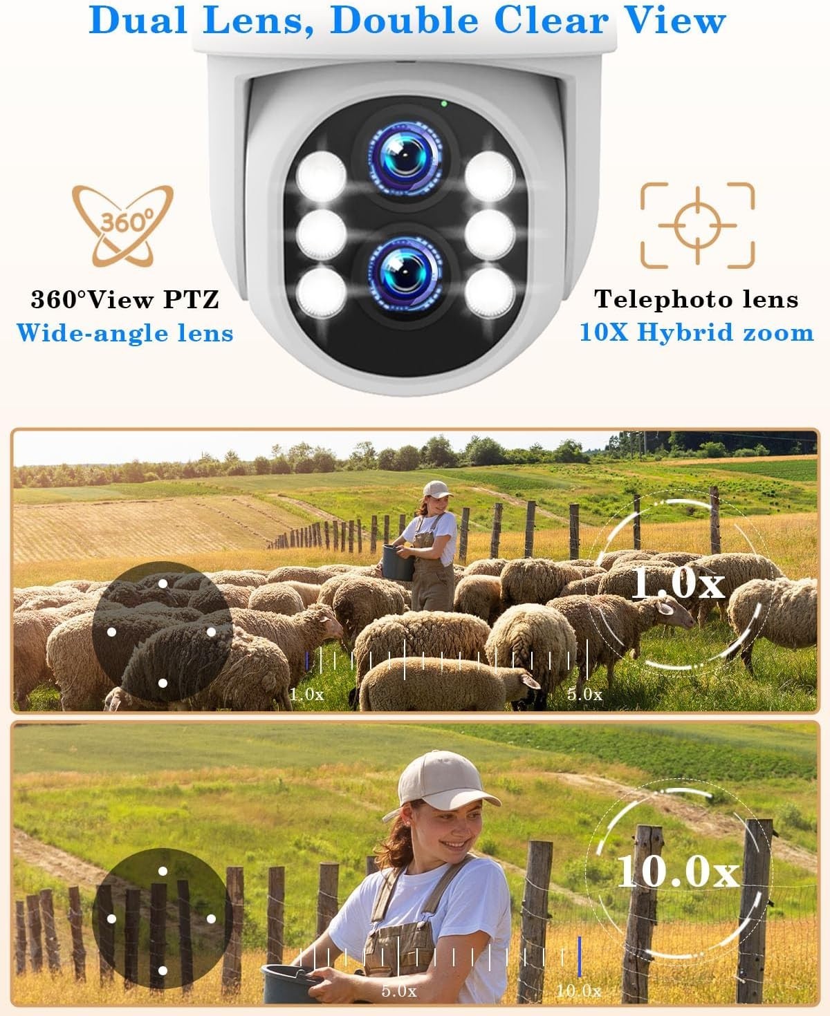 4K Wireless Security Camera System-Dual Lens 10X Zoom,2.4G/5G PTZ Outdoor Camera