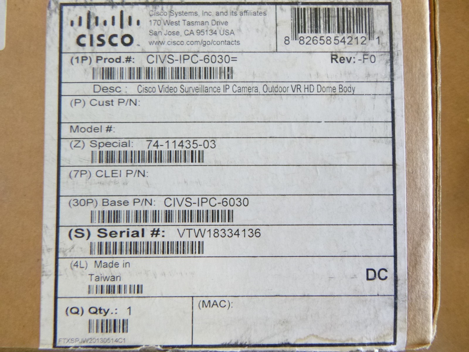 Cisco CIVS-IPC-6030 Video Surveillance 6030 IP Camera