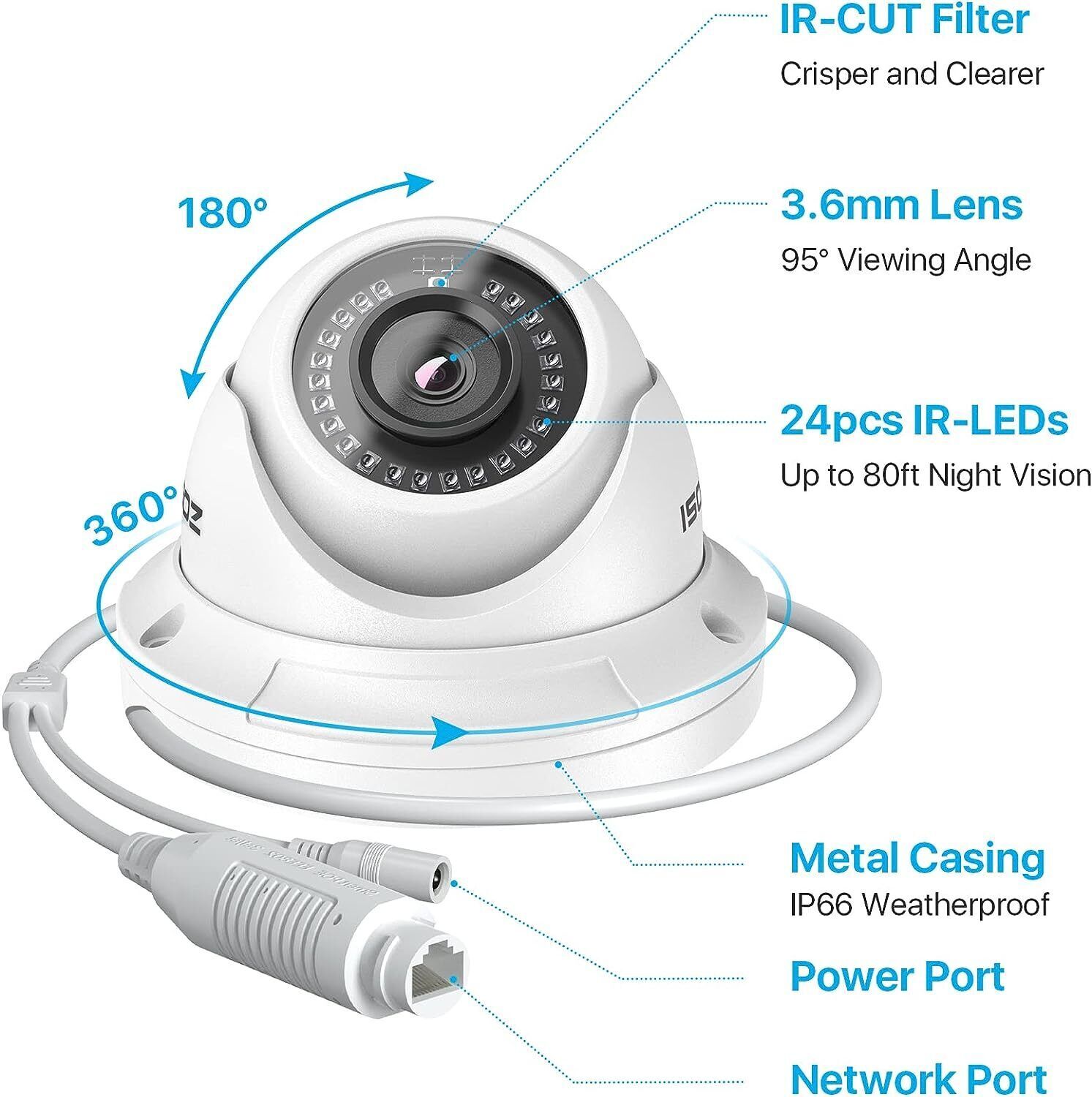 ZOSI 5MP 2PK POE Add-on Dome Camera with Etherent Cables IP66 Night Visoin Alert