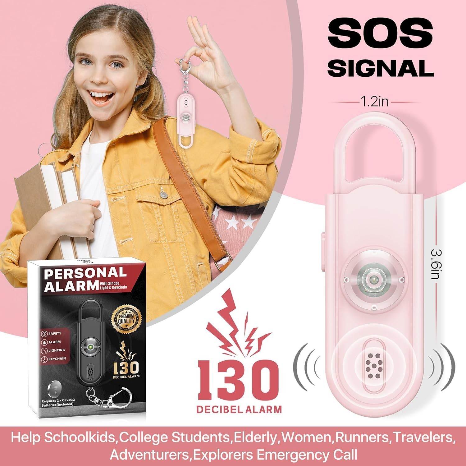 Softvox Personal Safety Alarm 130dB Pink Keychain