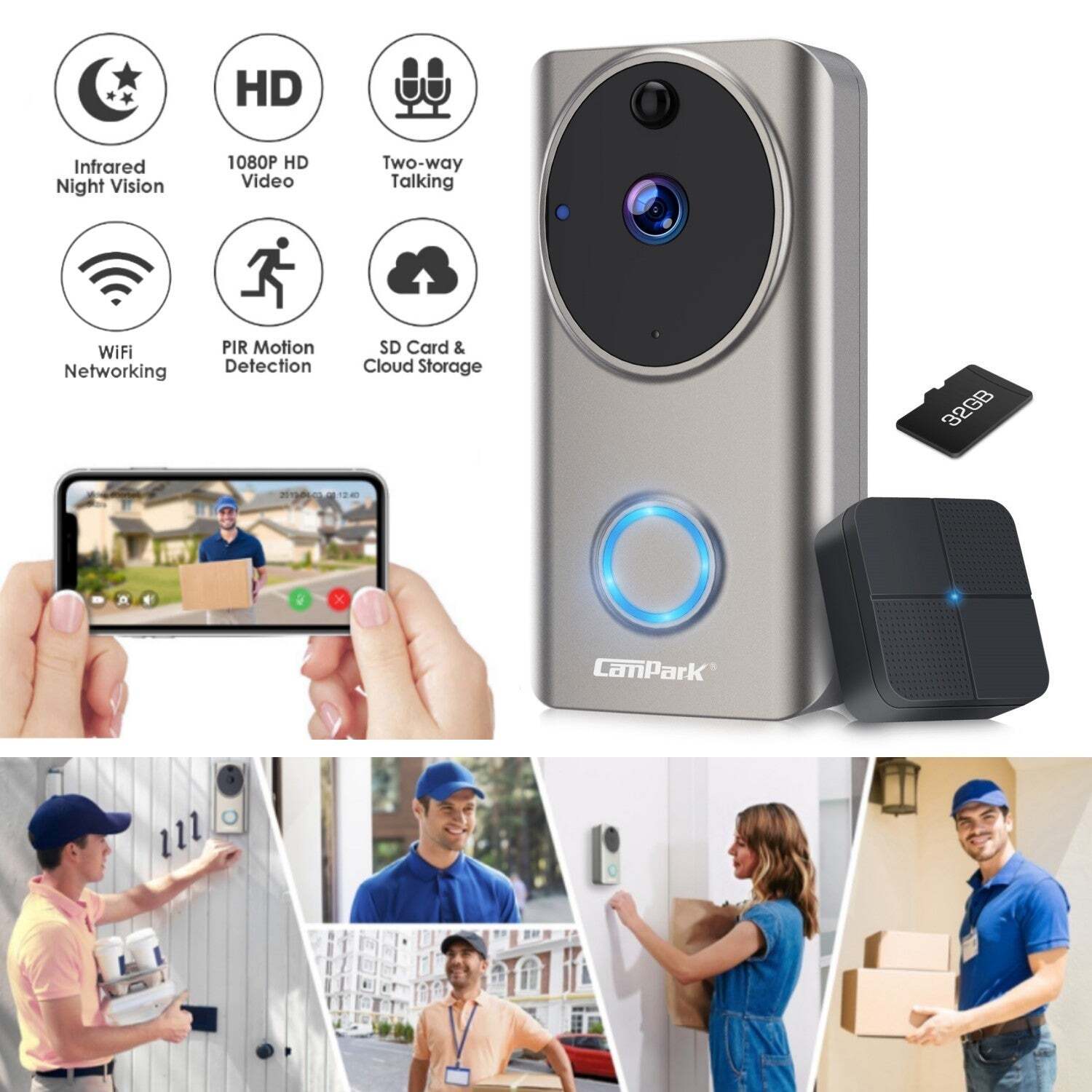 1080P Wireless WiFi Doorbell Smart Home Security Camera Bell Night Vision+32GB