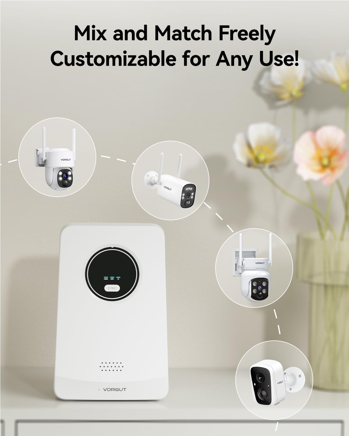 VORGUT Solar Security Cameras Wireless Outdoor, 4MP 2 Cam Kit, white