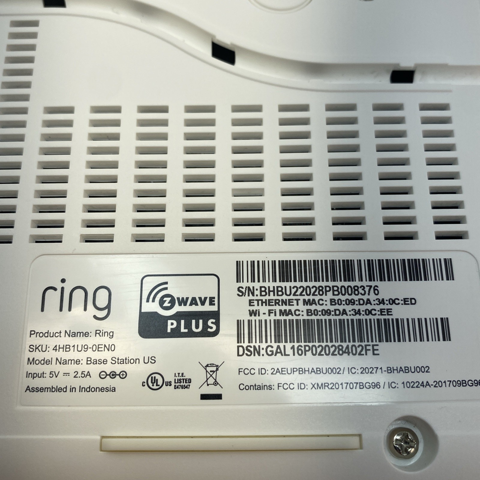 Ring Alarm Base Station US White 4HB1U9-0EN0 Oem Power Cord Z Wave Plus Hangable