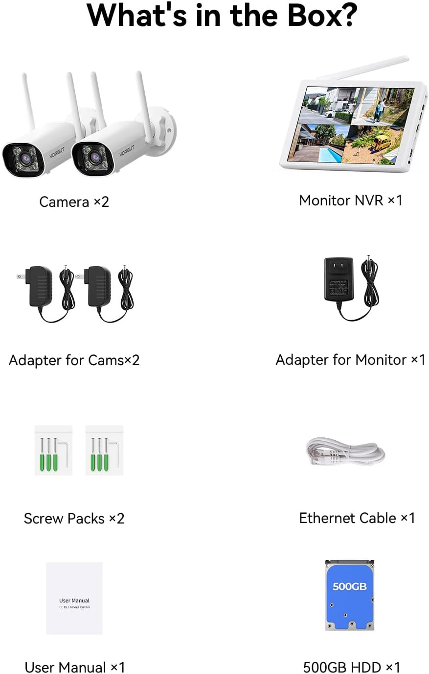 Wireless Security Camera System with 10″ LCD Monitor, 2PCS 3MP Bullet Outdoor Ca