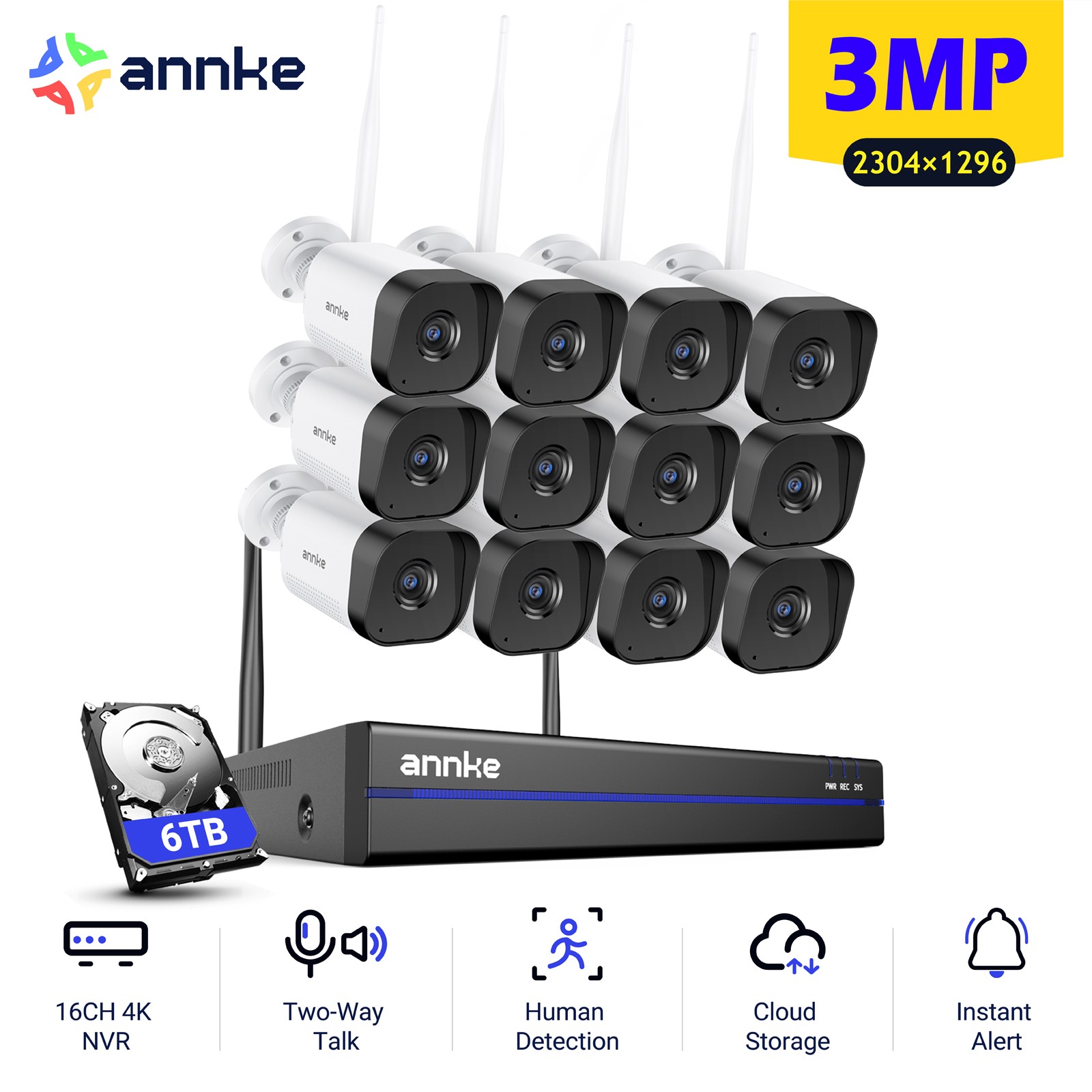 ANNKE 16CH 4K NVR 3MP Wireless Security Camera System Two Way Audio AI Detection