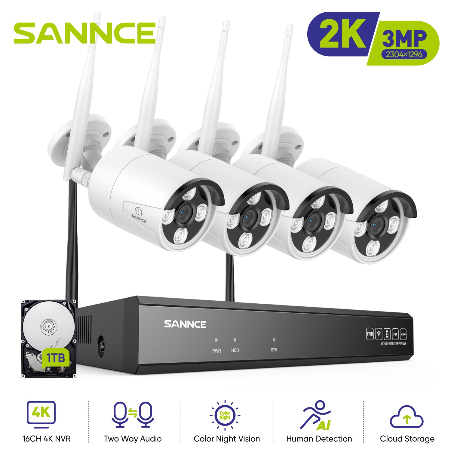 SANNCE 16CH 4K NVR 3MP Wireless Color Security Camera System Two Way Audio 1TB