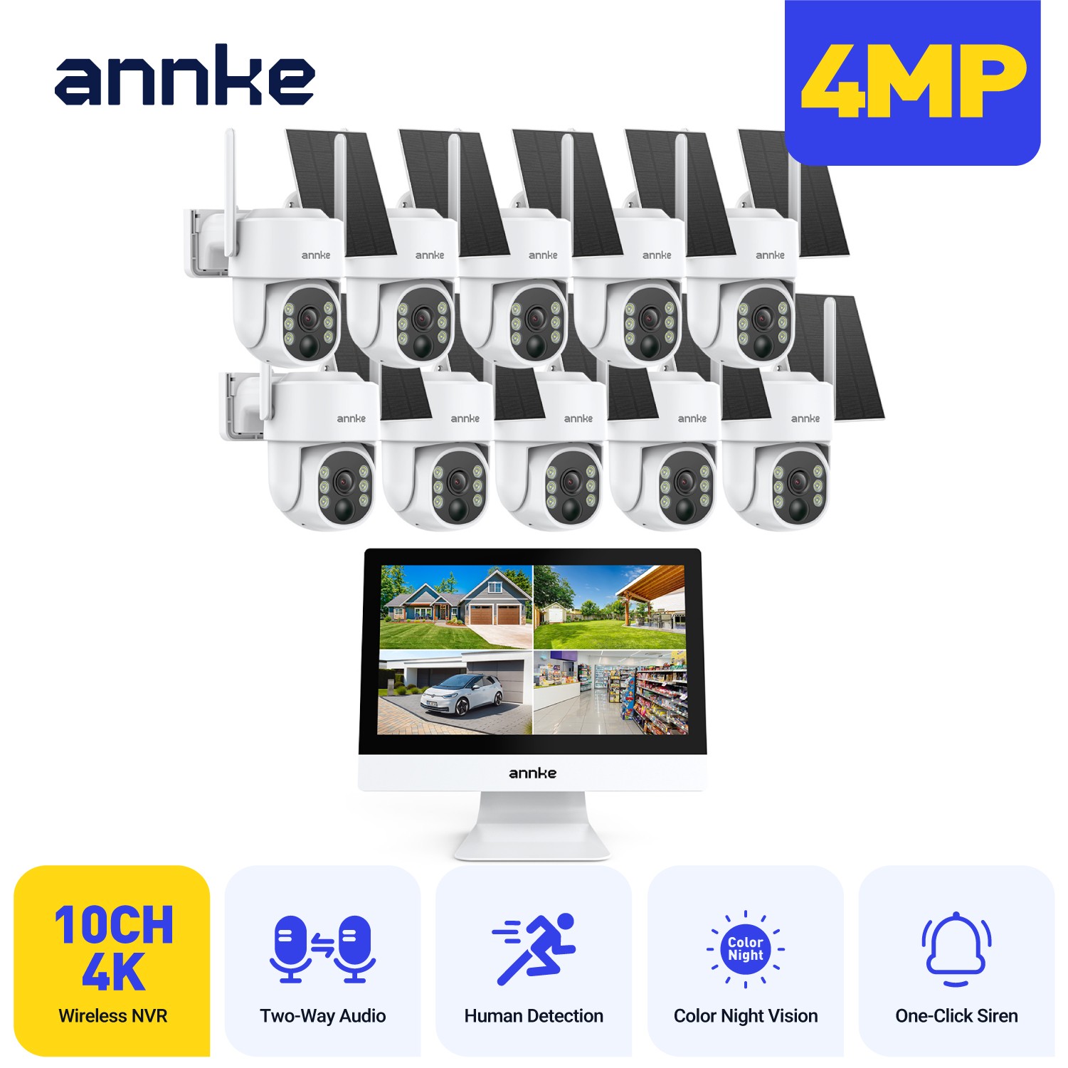 ANNKE 10CH 12” Monitor Wireless 4MP PT Solar Security Camera System 2 Way Audio