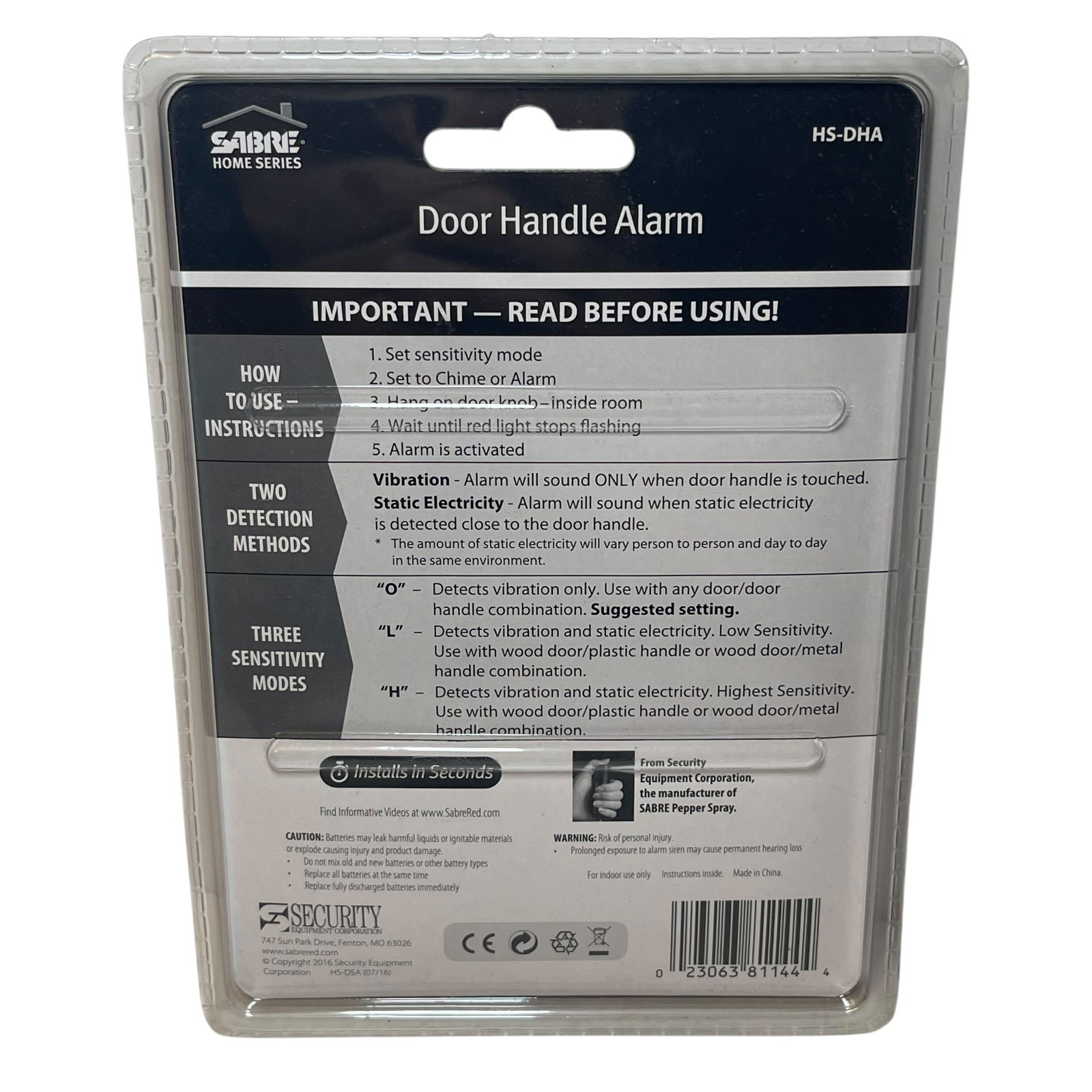 Sabre Home Series 110 DB Sound Range WHITE HS-DHA Door Handle Alarm NEW Read