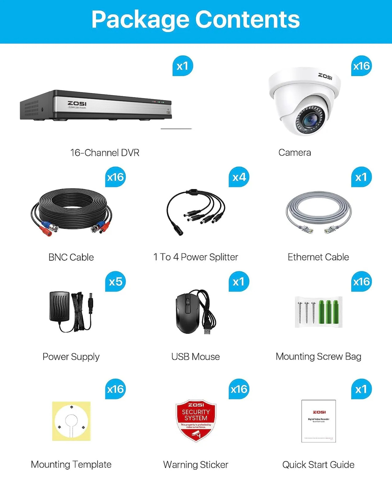 ZOSI H.265+ 1080p 16 Channel Security Dome Camera System CCTV IP66 Human Detect