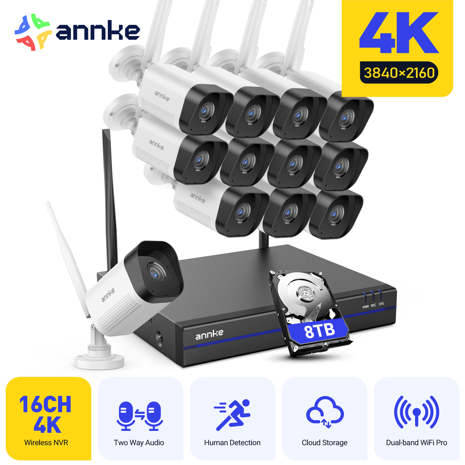 ANNKE 4K 16CH NVR Wireless 8MP WIFI Security IP Camera System Two Way Audio AI