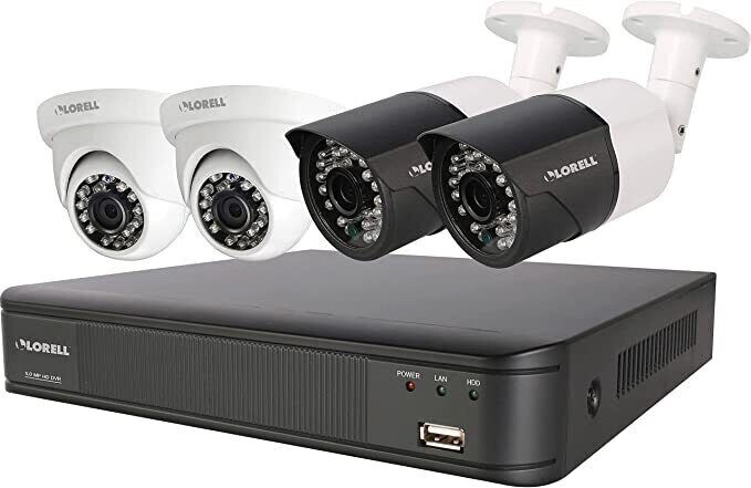 LORELL 00221 HD 5 MP SECURITY CAMERA 4 CAMERA SET 2 TB DVR. WHT/BLACK